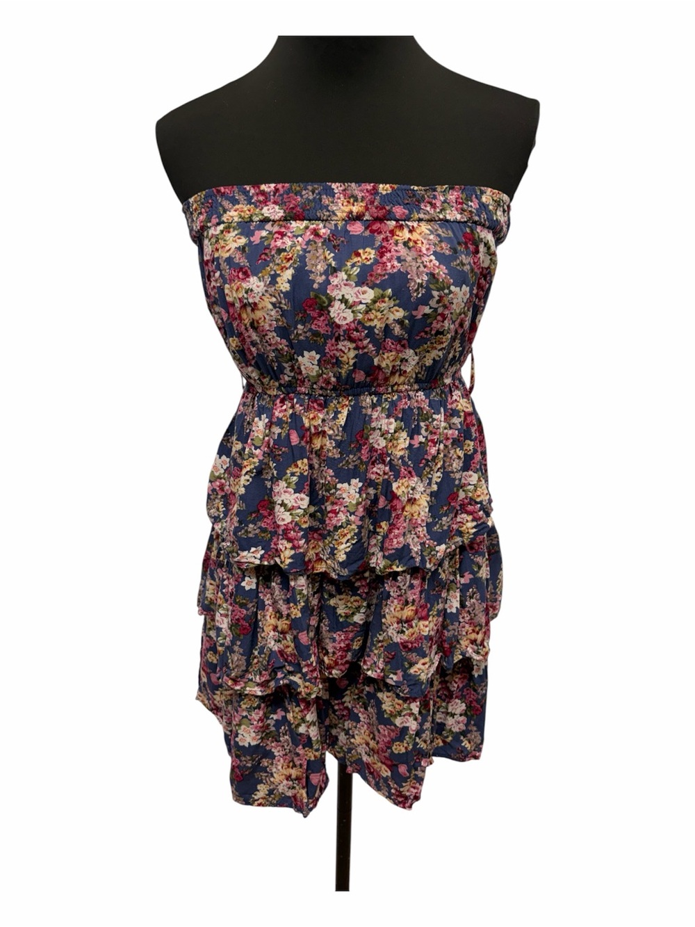 deb L Blue Pink Floral Strapless Tiered Mini Dress Rayon Boho
